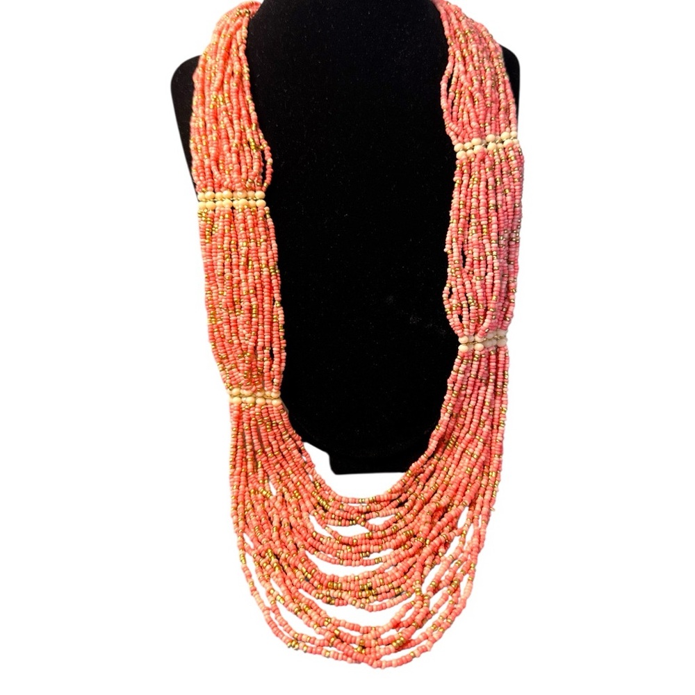 Pink & Gold Long Multi-Strand Seed Bead Necklace